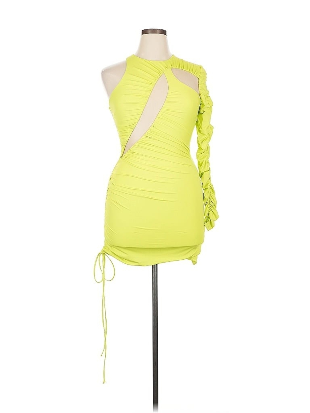 Fashion Nova Tana Ruched Neon Lime One-Shoulder Cutout Mini Dress, Size Large